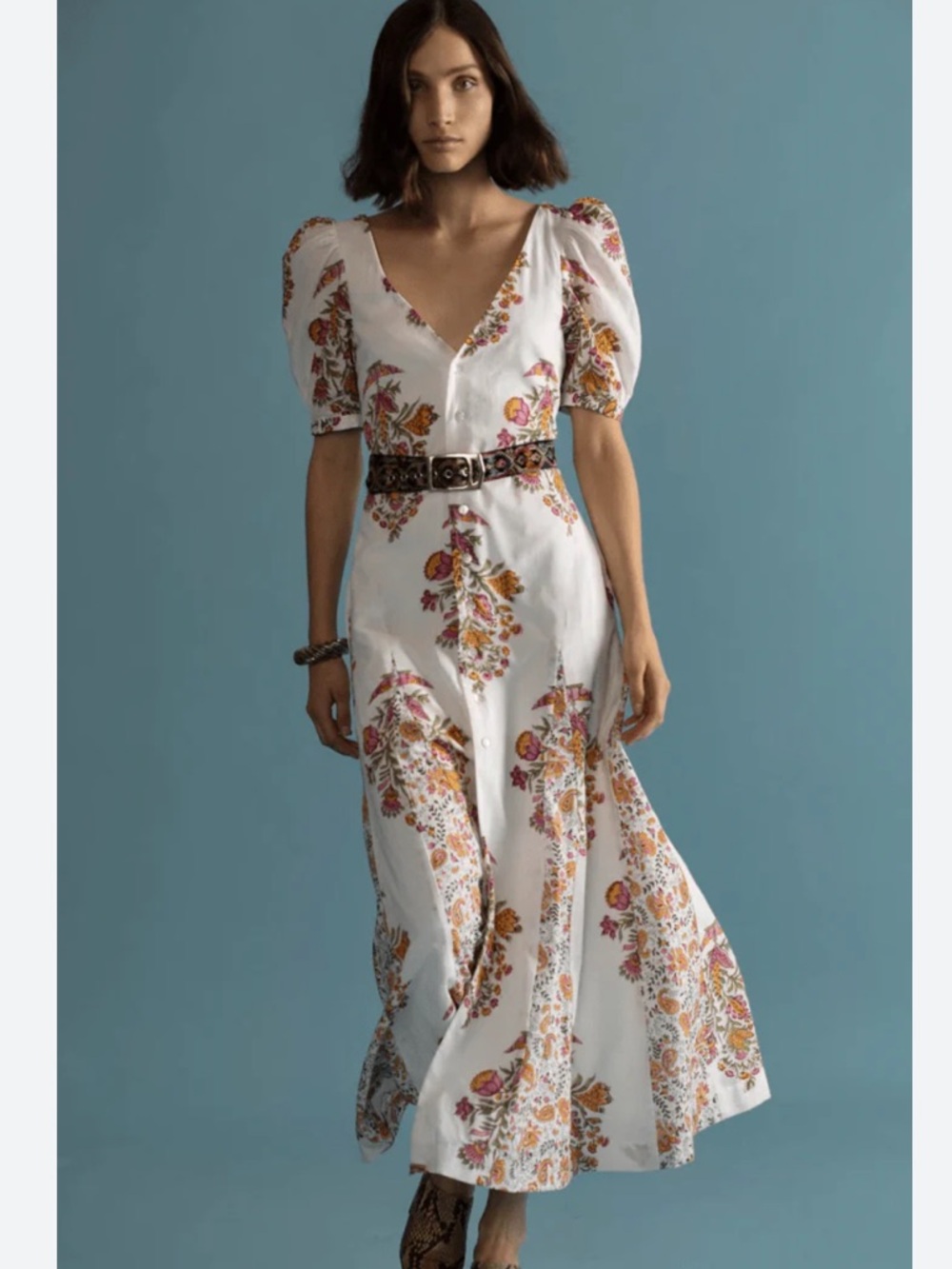 Alix of Bohemia Bianca Belle Hand-Printed Floral Midi Dress Small White Pink